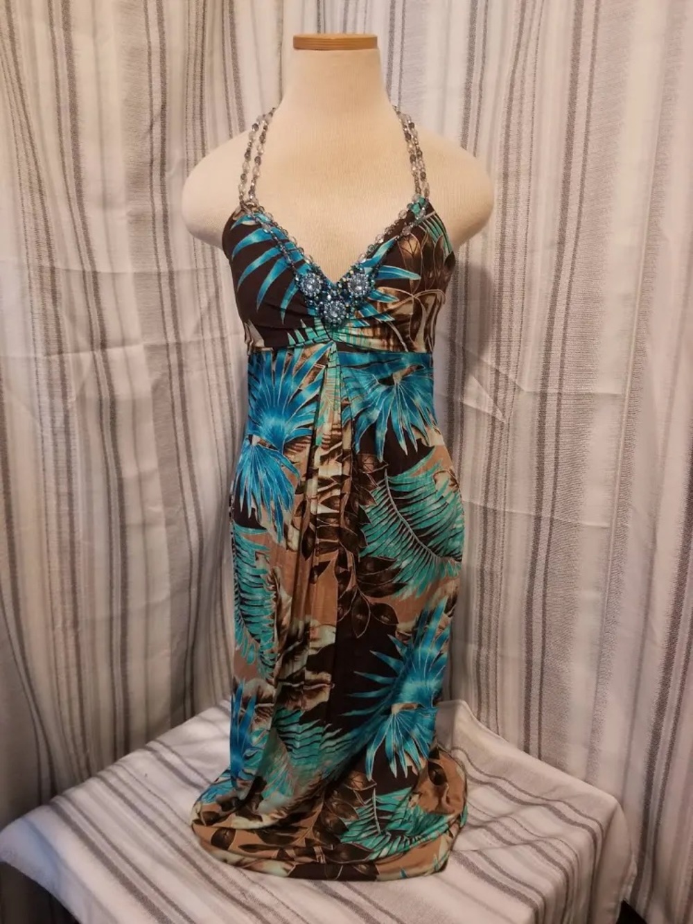 Mary L Couture Turquoise and Brown Beaded Halter Maxi Dress y2k